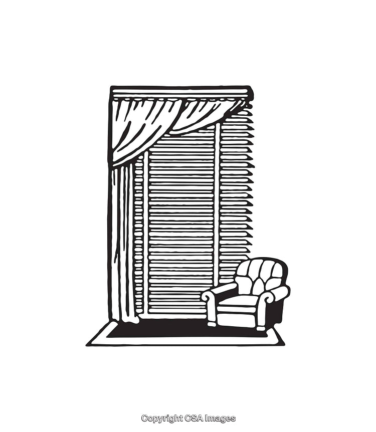 Black And White Line Art Illustration of Room Interior with Chair and Curtains