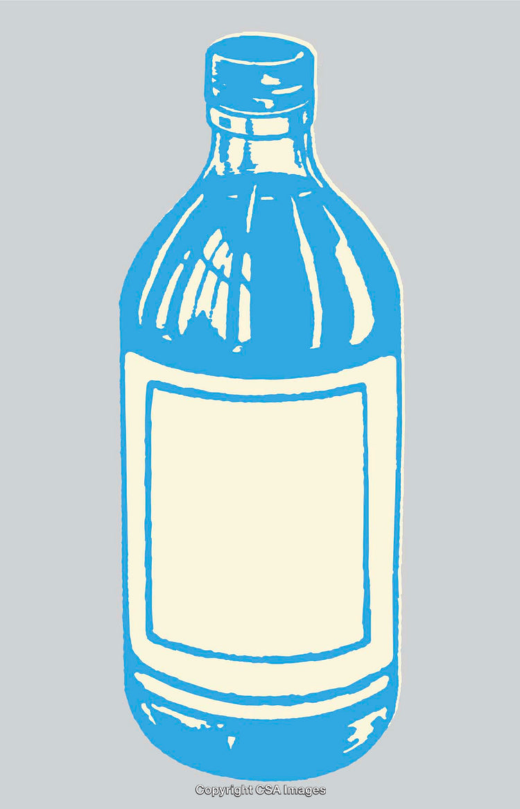Minimalist Blue Bottle Illustration with Blank Label on Gray Background