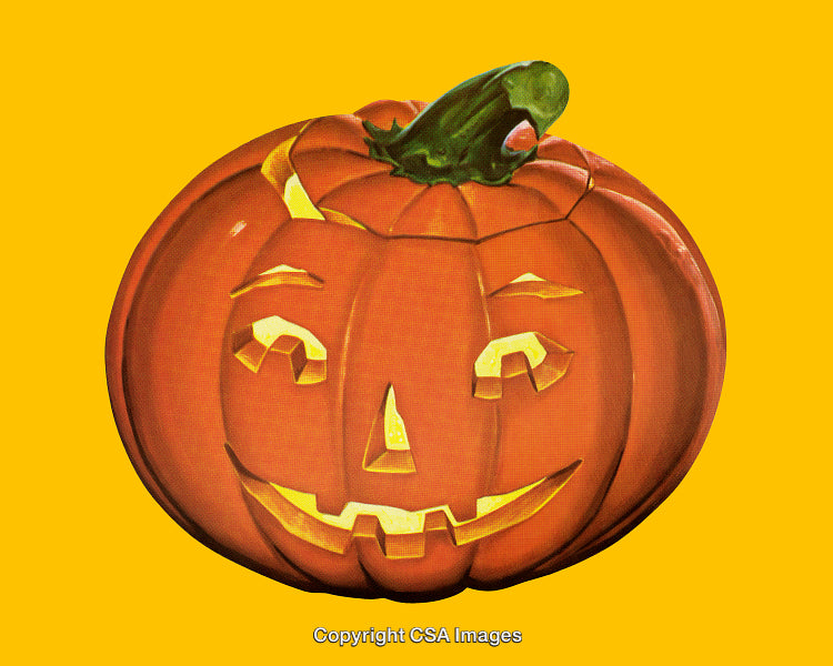 Carved Jack-O'-Lantern Pumpkin on Bright Yellow Background