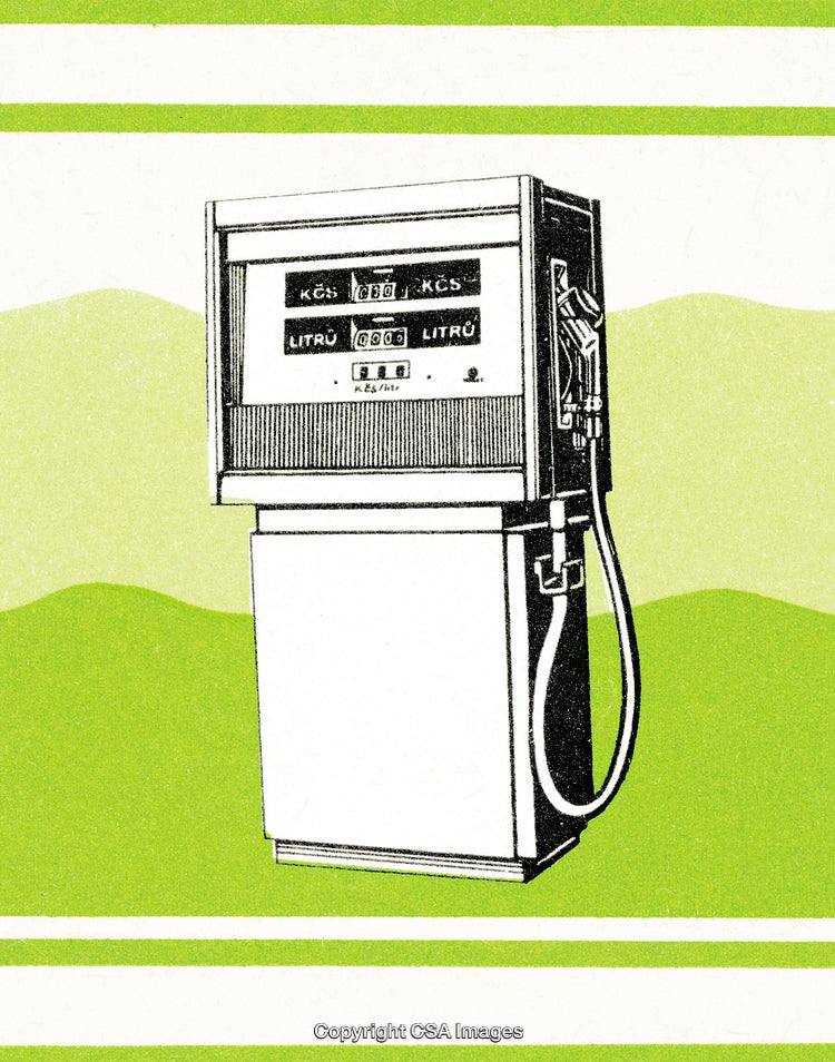 Retro Styled Color Illustration of a Vintage Fuel Pump on a Green Background