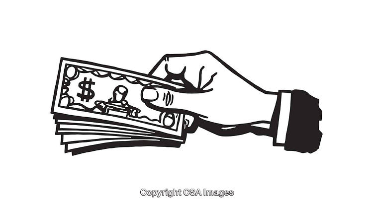 Monochrome Illustration of Hand Holding Stack of Cash in Line Art Style