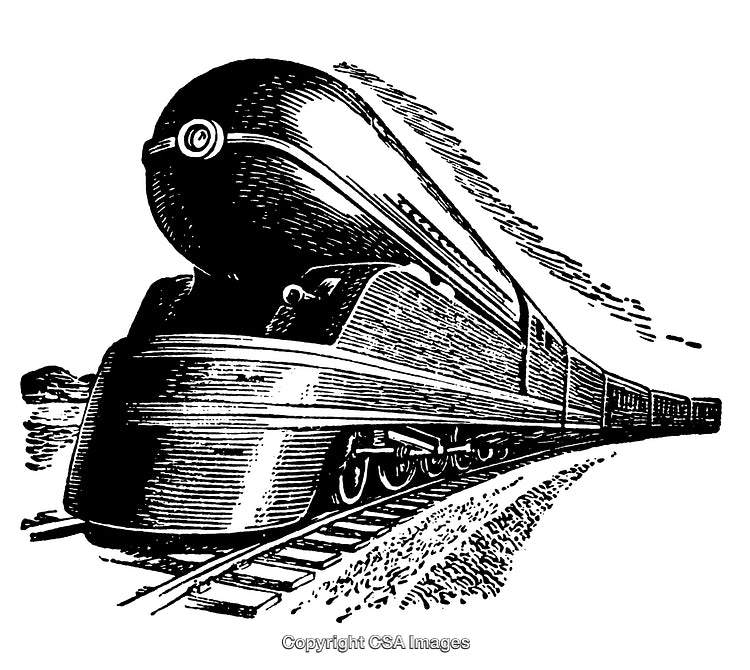 Black and White Engraving of a Streamlined Locomotive on the Tracks