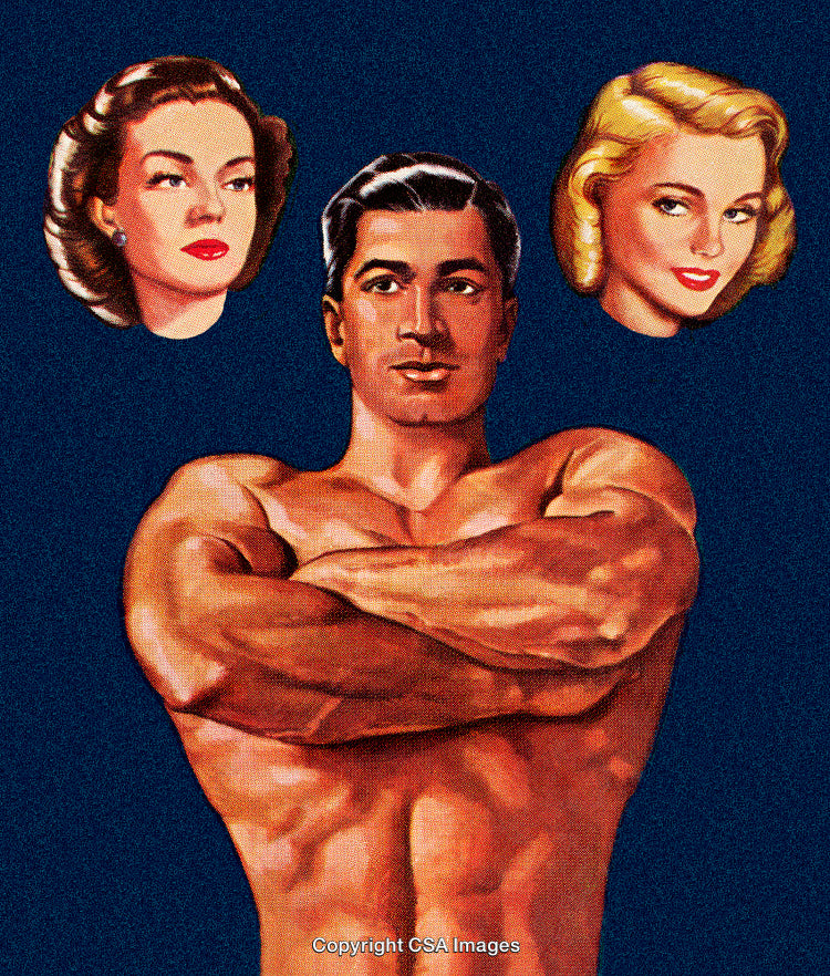 Vintage Masculine Artwork Featuring Two Women Illustrations and Strongman