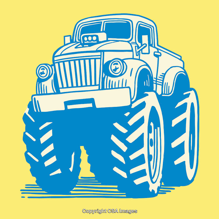 Blue Line Art Illustration of a Monster Truck on Yellow Background