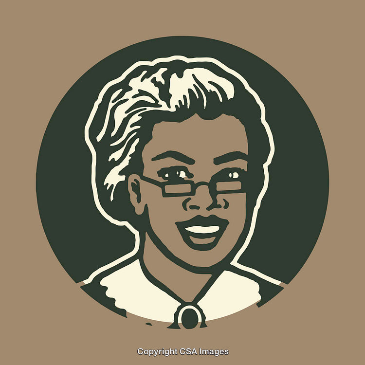 Retro Line Art Portrait Illustration of a Smiling Woman Wearing Glasses
