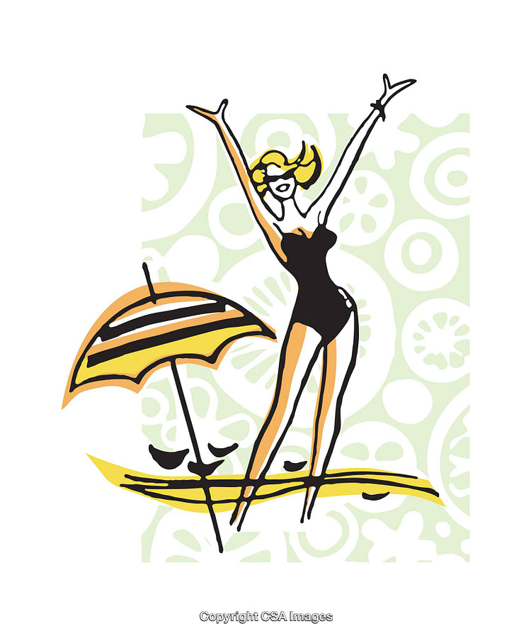 Illustration of a Joyful Woman in Retro Style with Umbrella