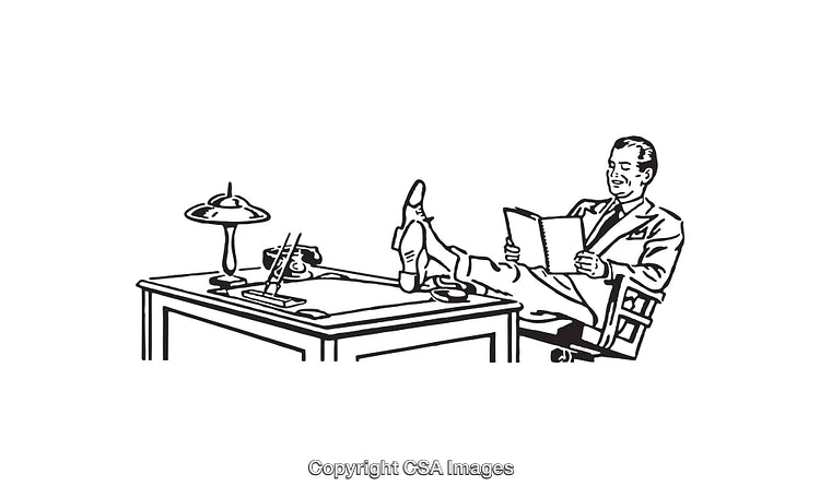 Retro-Style Illustration of Man Relaxing at Desk with a Book