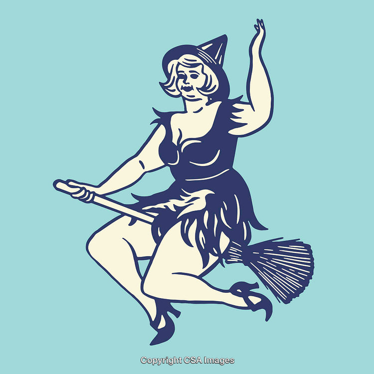Playful Witch Riding a Broomstick in Retro Line Art Style