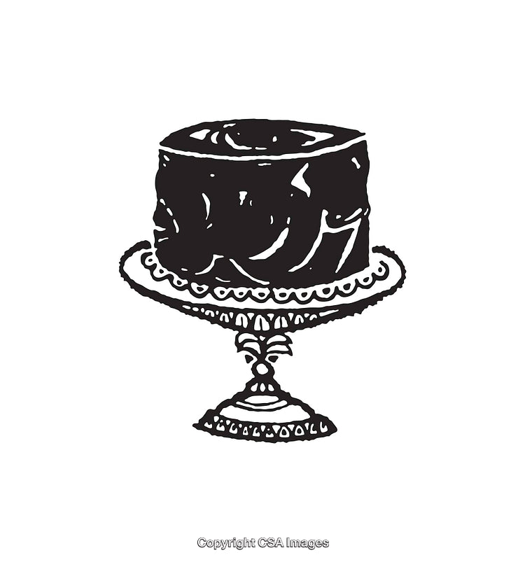 Black and White Line Art of a Cake on Ornate Stand