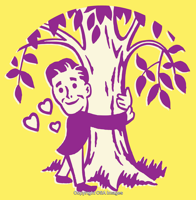 Romantic Illustration of a Character Hugging a Tree with Heart Icons