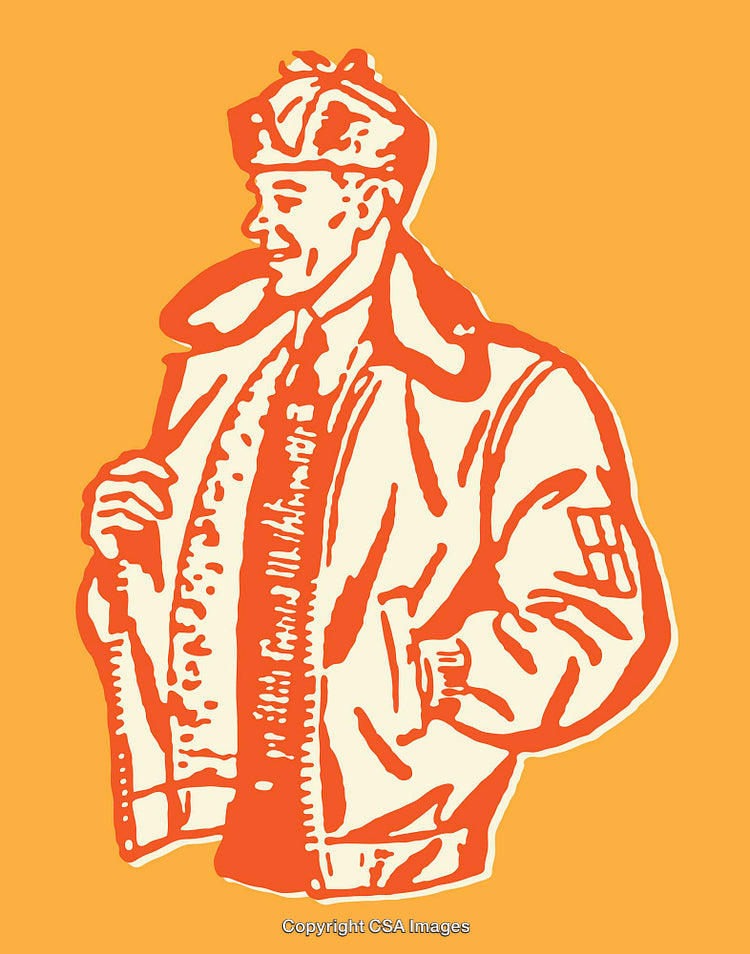 Stylized Line Art of a Man Wearing Classic Clothing on Orange Background