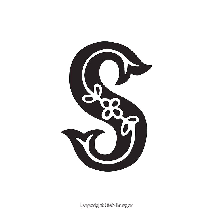 Elegant Stylized Letter S with Floral Embellishments in Black and White Design