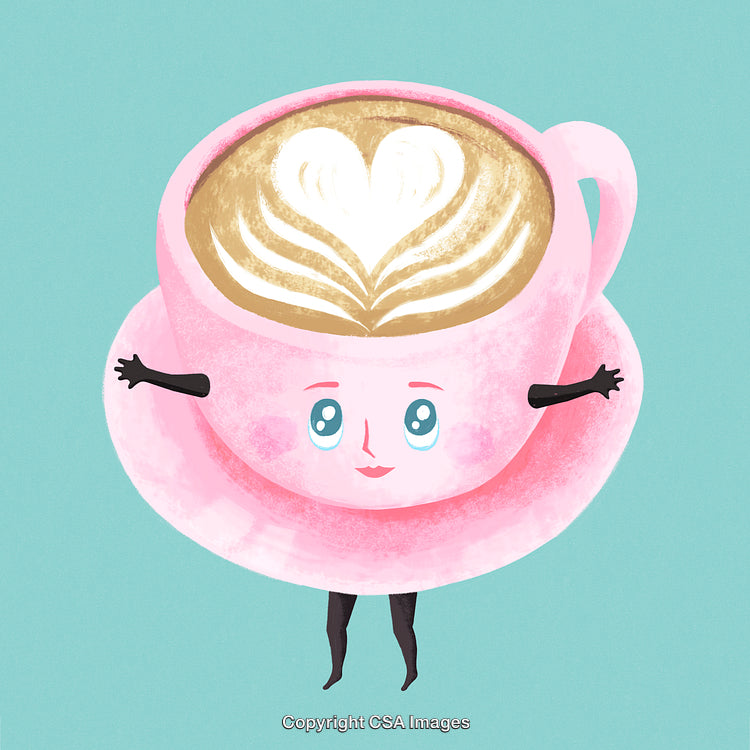 Cute Cartoon Coffee Cup with Latte Art and Playful Facial Expression