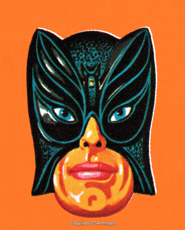 Retro Illustrated Mask Design with Surreal Face and Bright Orange Background