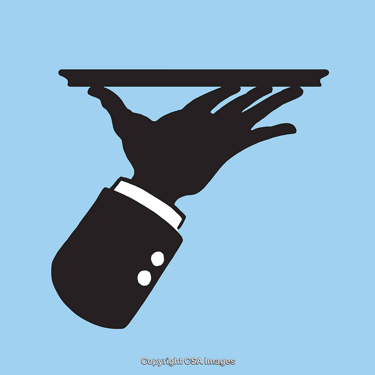 Elegant Waiter's Hand Holding Tray Against Sky Blue Background