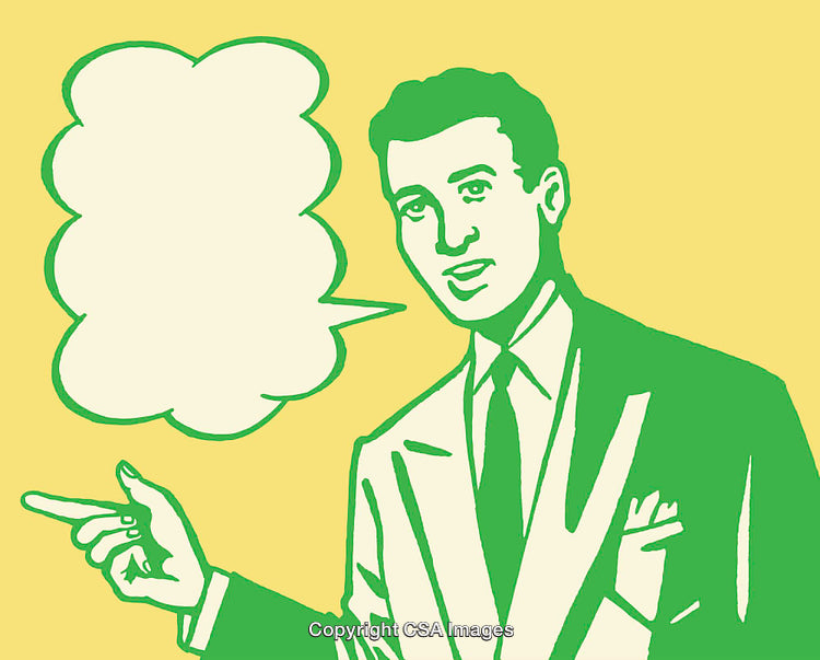Retro Styled Male Figure Gesturing with Blank Speech Bubble