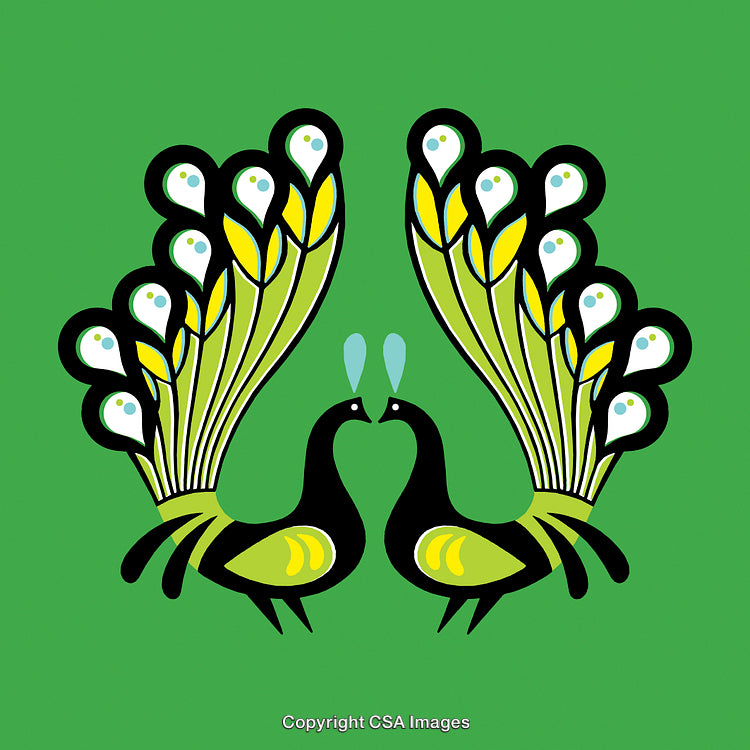 Stylized Depiction of Two Peacocks Facing Each Other on Green Background