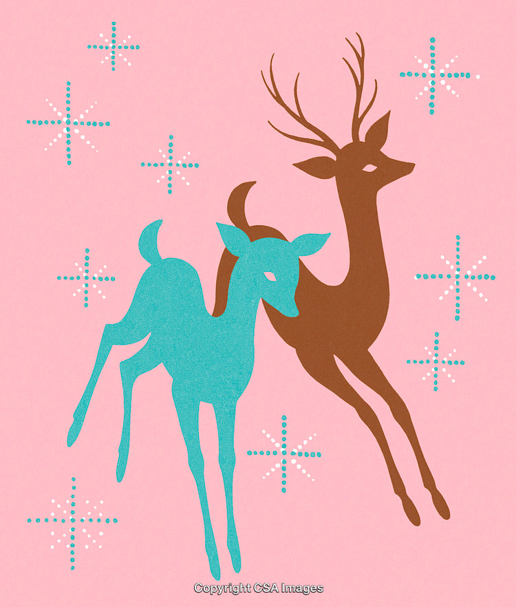 Retro Illustration Of Deer With Pastel Snowflakes On A Pink Background