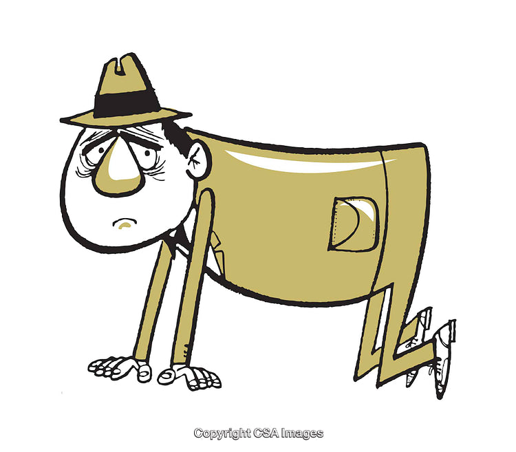 Cartoon Illustration of a Sad Man in a Brown Suit and Hat