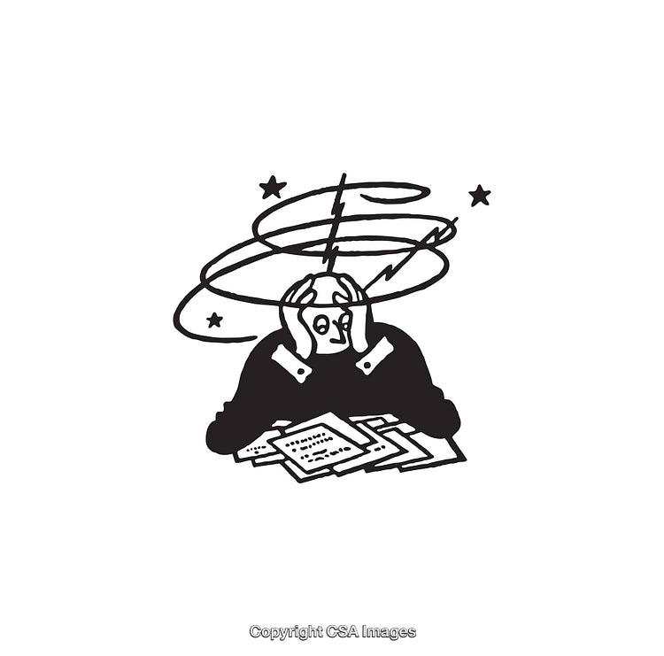 Black and White Illustration Depicting Overwork and Stress at Desk