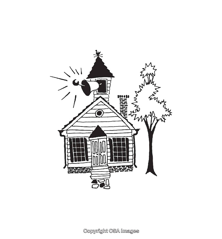 Black and White Line Art of a Schoolhouse with Bell Tower and Tree