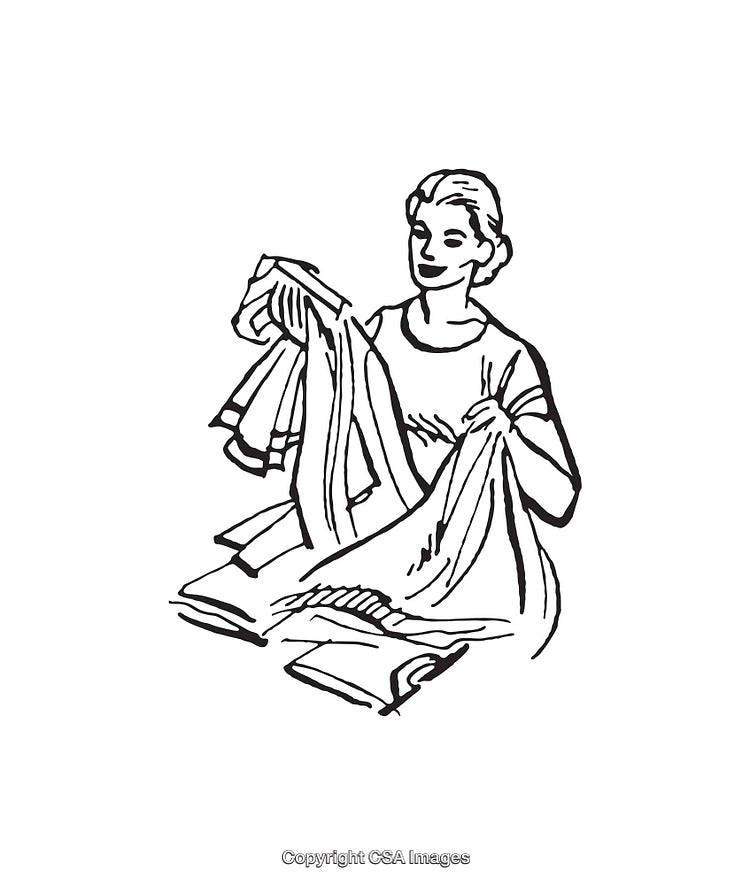 Black and White Line Art of Woman Handling Fabric Materials