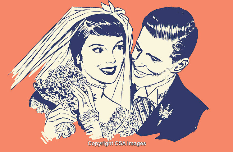 Vintage Line Art Portrait of a Bride and Groom on Their Wedding Day