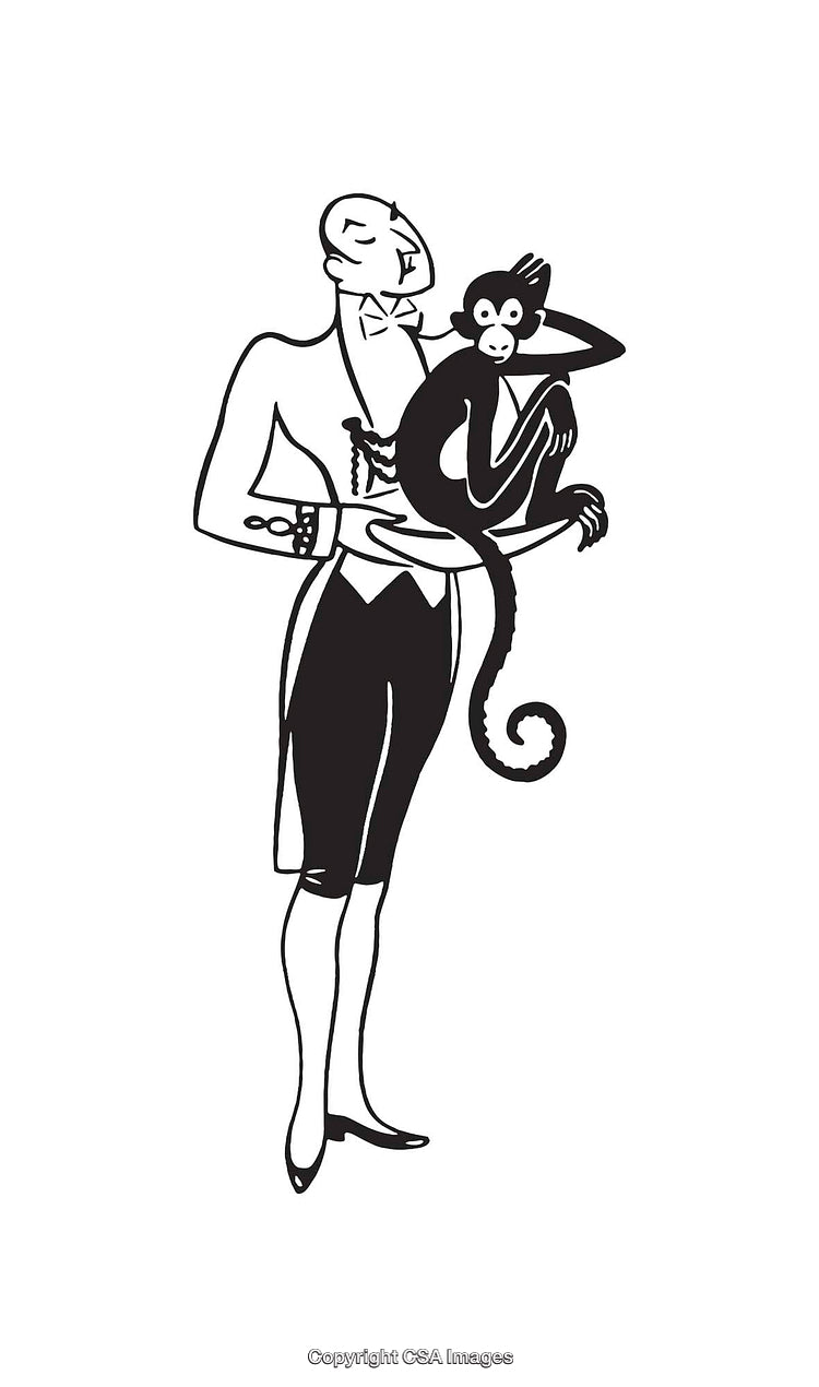 Elegant Gentleman Holding a Stylish Monkey in a Whimsical Black and White Illustration