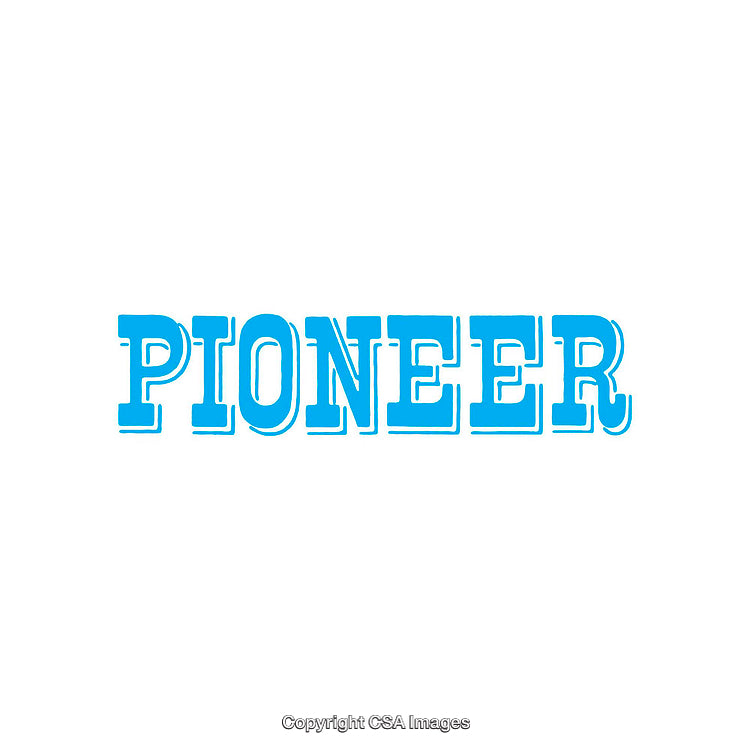 Blue Text Graphic of the Word Pioneer in Bold Typography on White Background