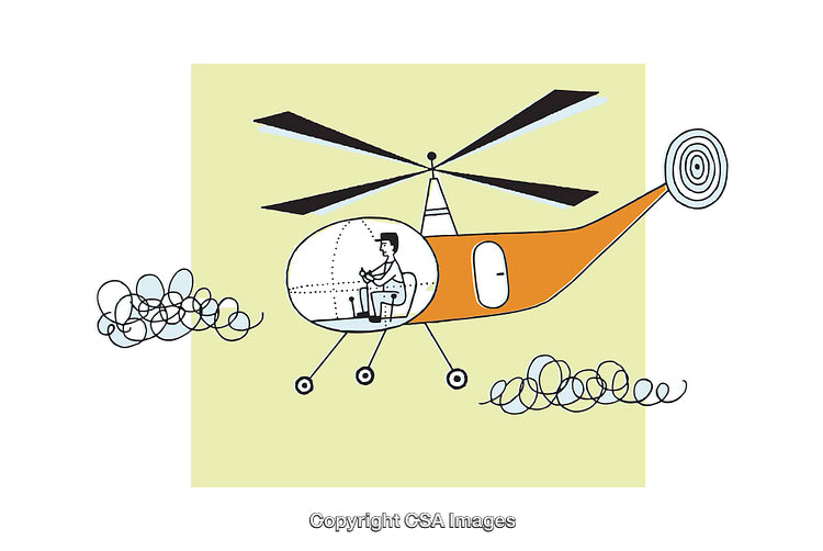 Cartoon Helicopter Illustration with Pilot Flying Amid Doodles and Clouds