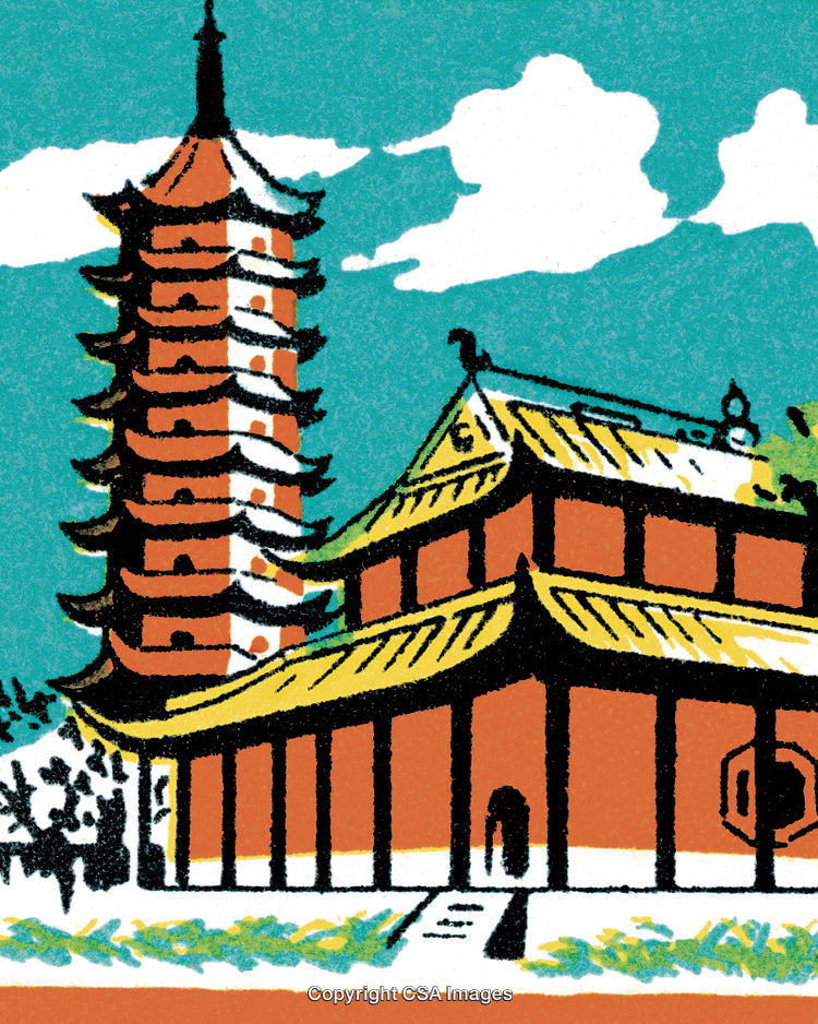 Traditional Asian Architectural Pagoda and Temple Illustration Under Blue Skies