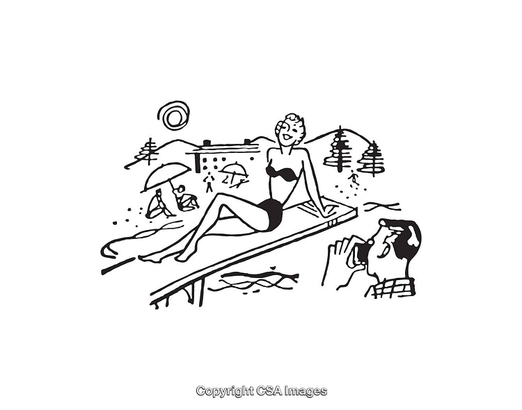 Retro Line Art Beach Scene with Sunbather and Gentleman Observing