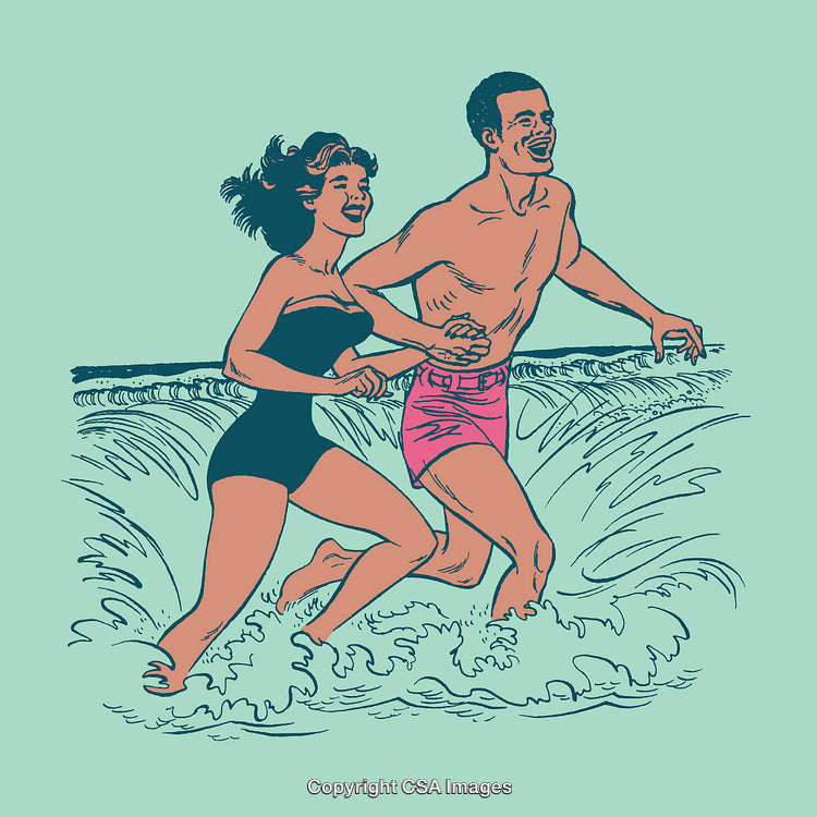 Couple Enjoying Beach Playtime in a Retro Color Illustration