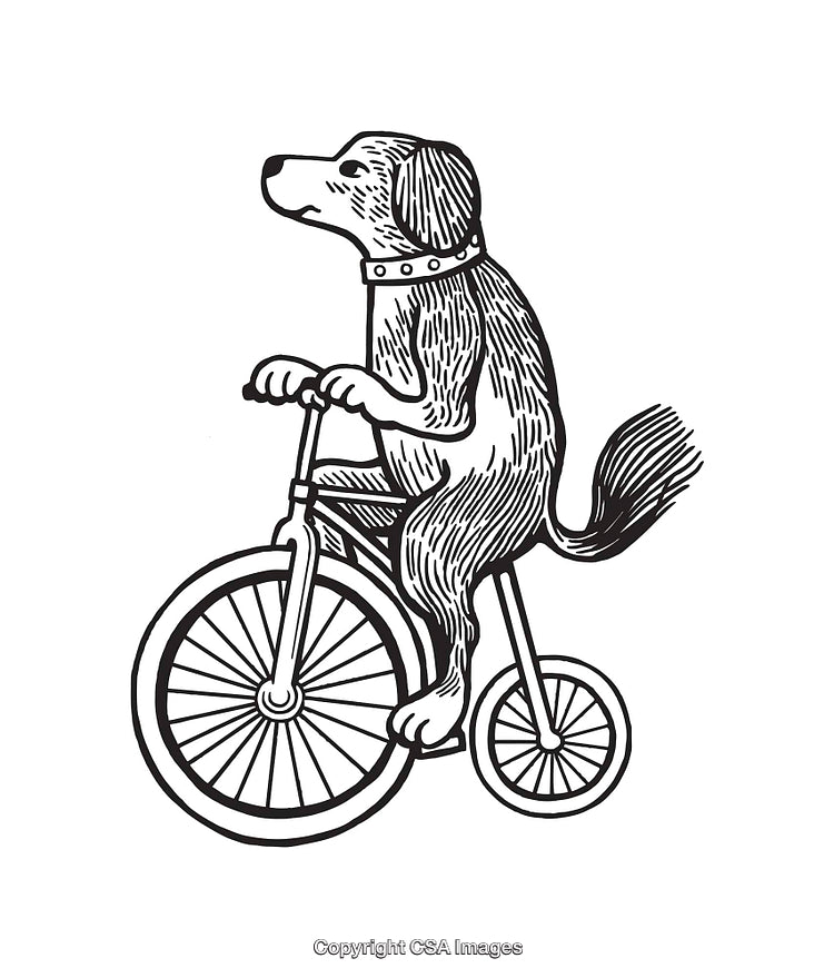 Whimsical Dog Riding a Bicycle in Black and White Line Art