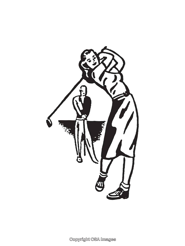 Vintage Line Art Golf Illustration Featuring Players in Action
