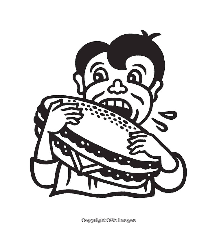 Black And White Illustration of a Person Holding and Biting Into a Large Burger
