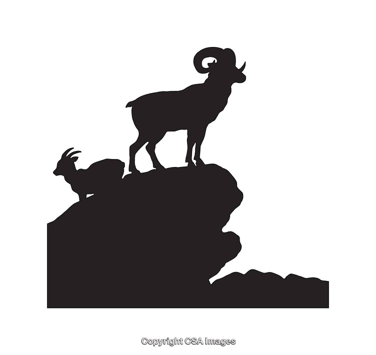 Black Silhouette of Two Mountain Goats on a Rocky Cliff