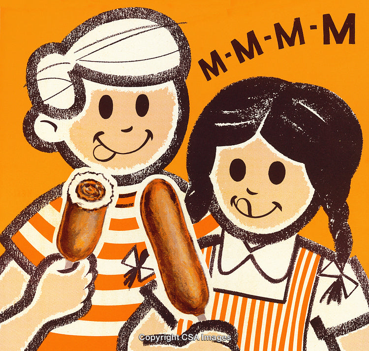 Smiling Children Eating Delicious Corn Dogs in Retro-Style Artwork