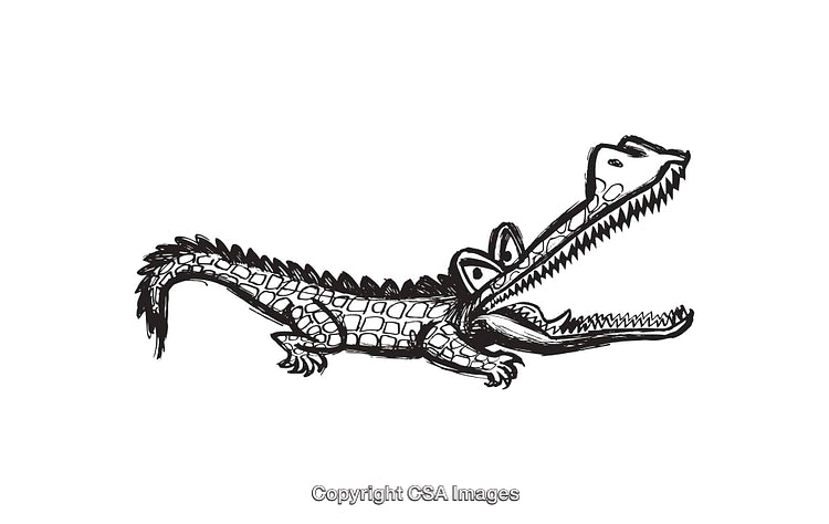 Black And White Line Art Illustration of a Cartoon Crocodile Character