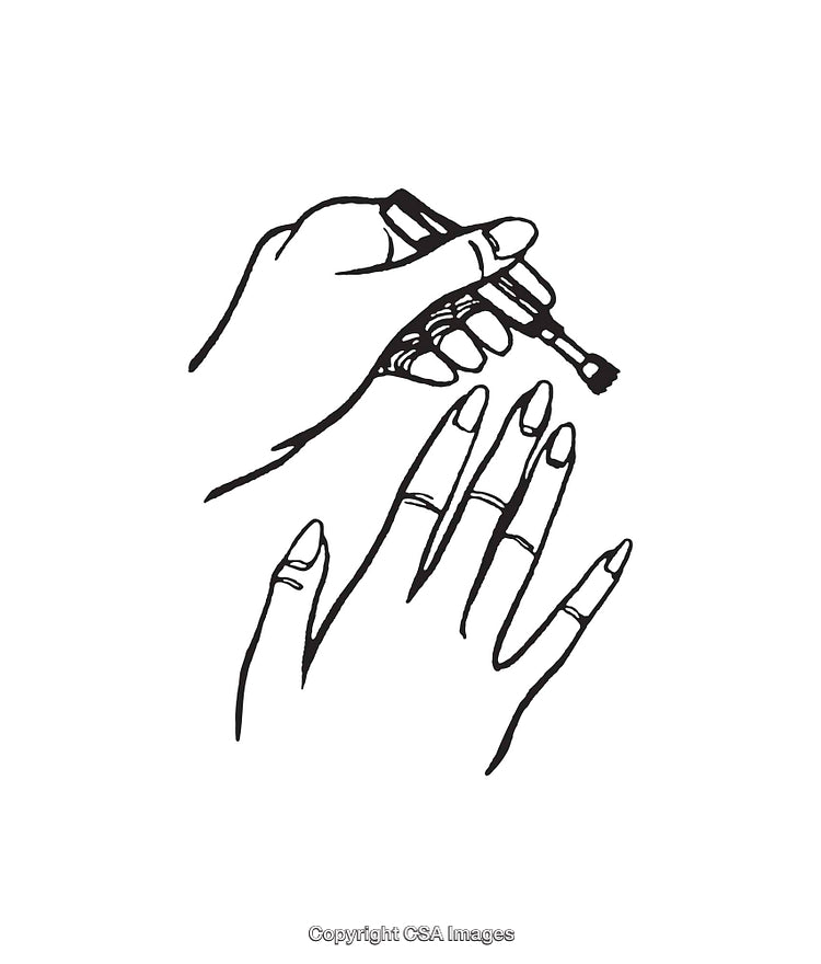 Black and White Line Art Illustration of Hands Applying Nail Polish