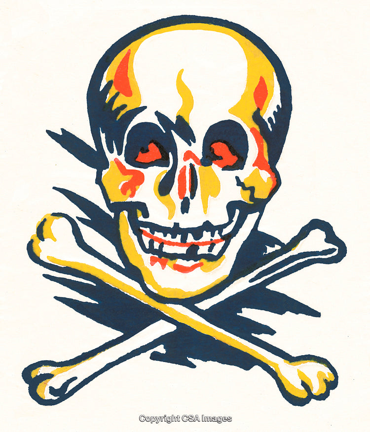 Colorful Skull and Crossbones Illustration with Bold Artistic Design Details
