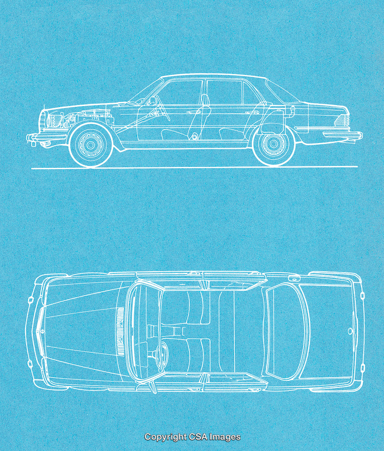 Stylized Blueprint of a Vintage Sedan Car on a Blue Background