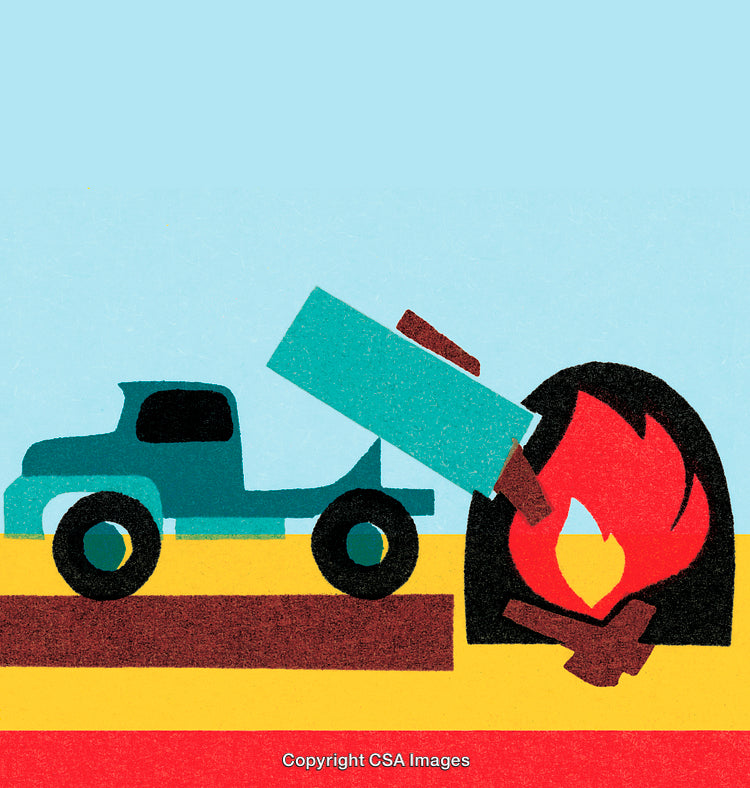Colorful Illustration of a Truck Unloading at a Flaming Oven