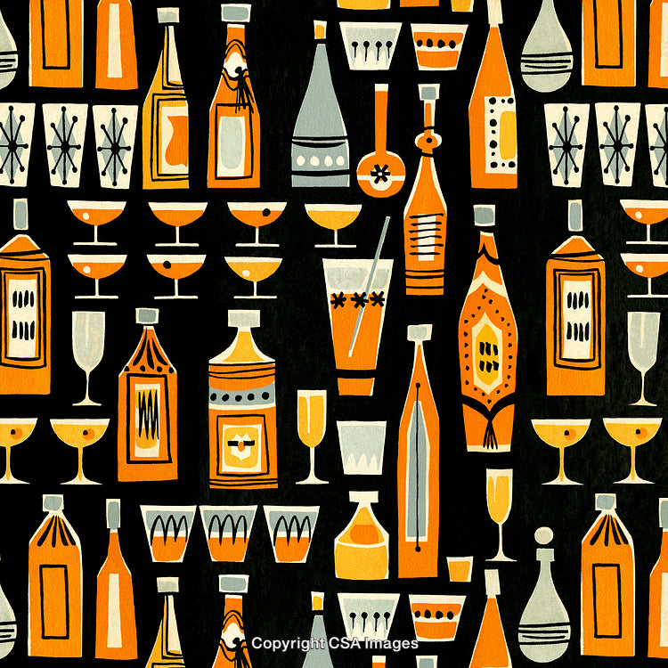 Colorful Mid-Century Modern Beverage and Cocktail Glass Pattern on Black Background