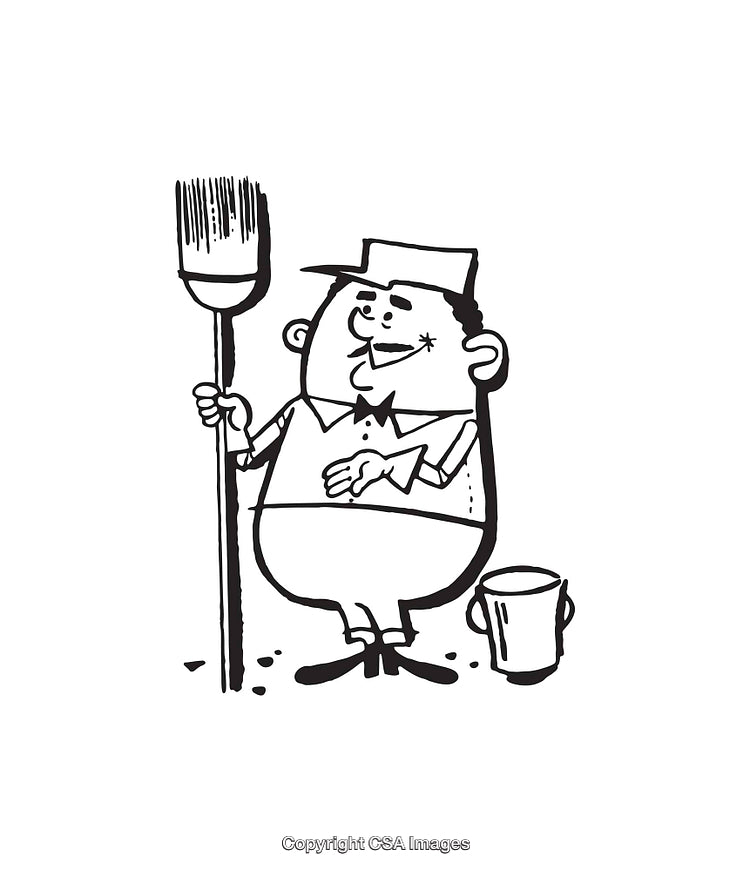 Black and White Line Art Drawing of a Worker with a Brush