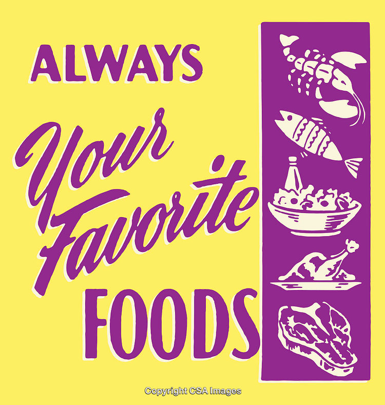 Bright Retro Food Design Featuring Popular Dishes and Seafood Illustrations