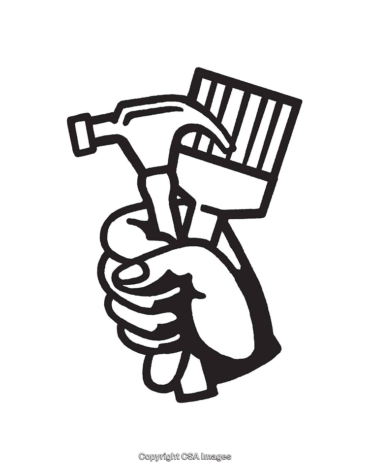 Black and White Line Art of Tools in a Holding Hand