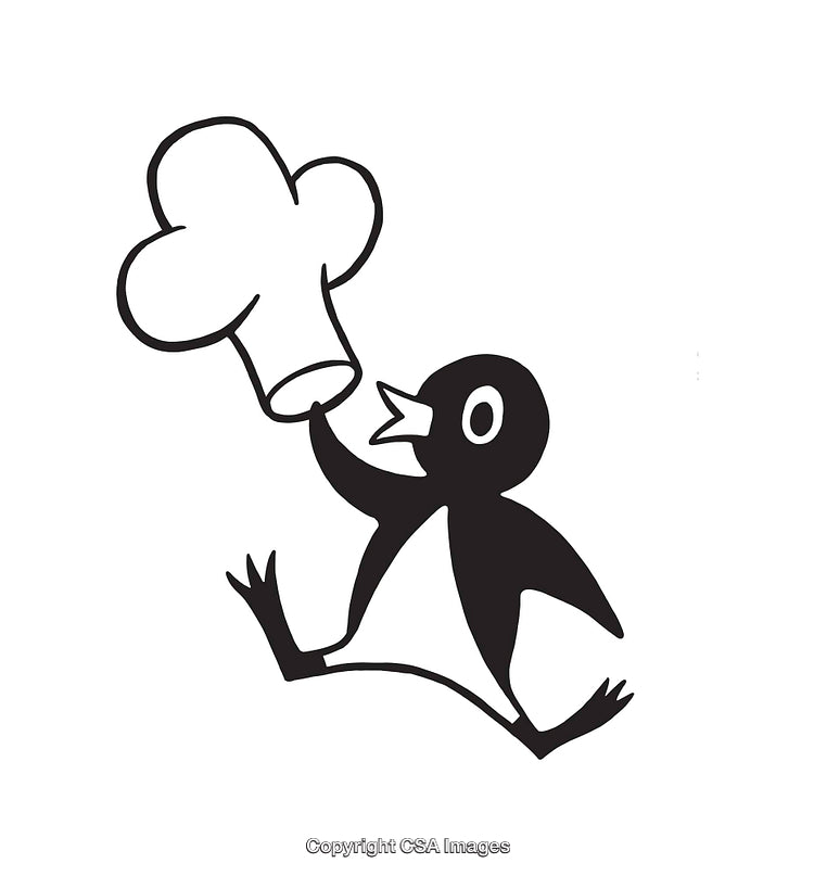 Illustration of a Penguin Holding a Chef Hat in Minimalistic Monochrome Style