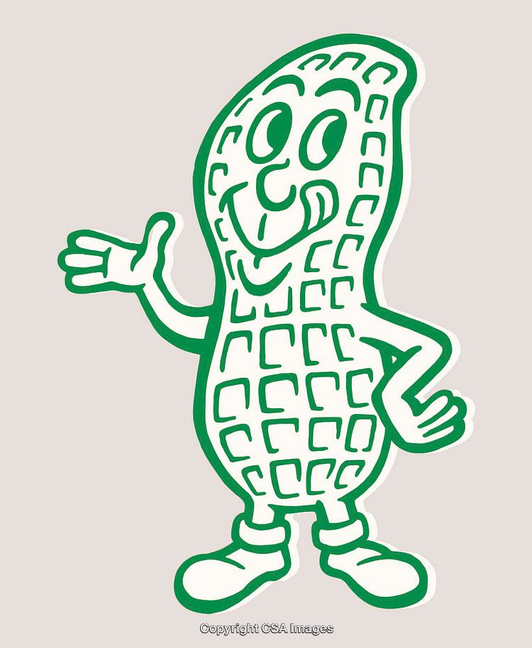 Cartoon Peanut Mascot Giving a Friendly Wave in Green Line Art Style