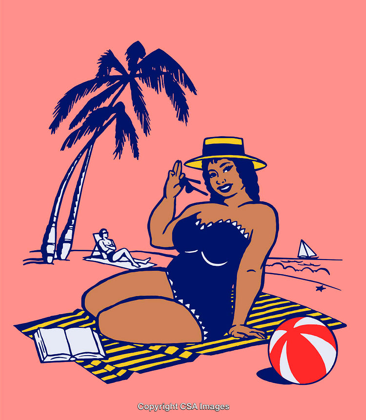Colorful Vintage Beach Illustration Featuring Woman Relaxing on a Tropical Beach